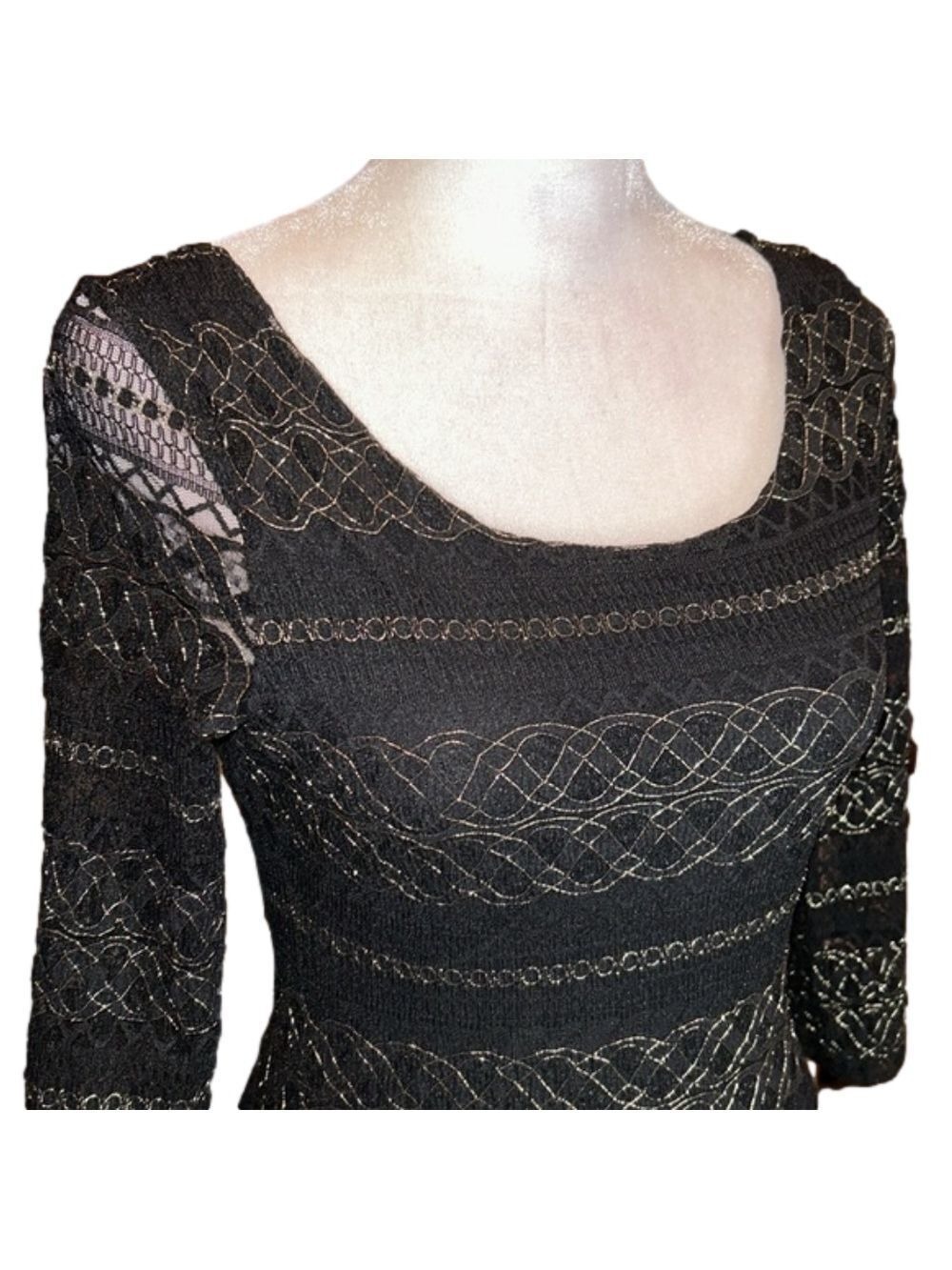TOPSHOP Black Bodycon Low Cut Back Lace Top with Metallic Gold Print Size 4